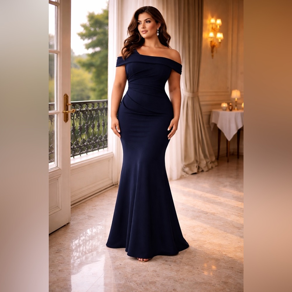 Theia Navy Off Shoulder Mermaid Gown Size 22 Plus Formal Evening Dress RTR